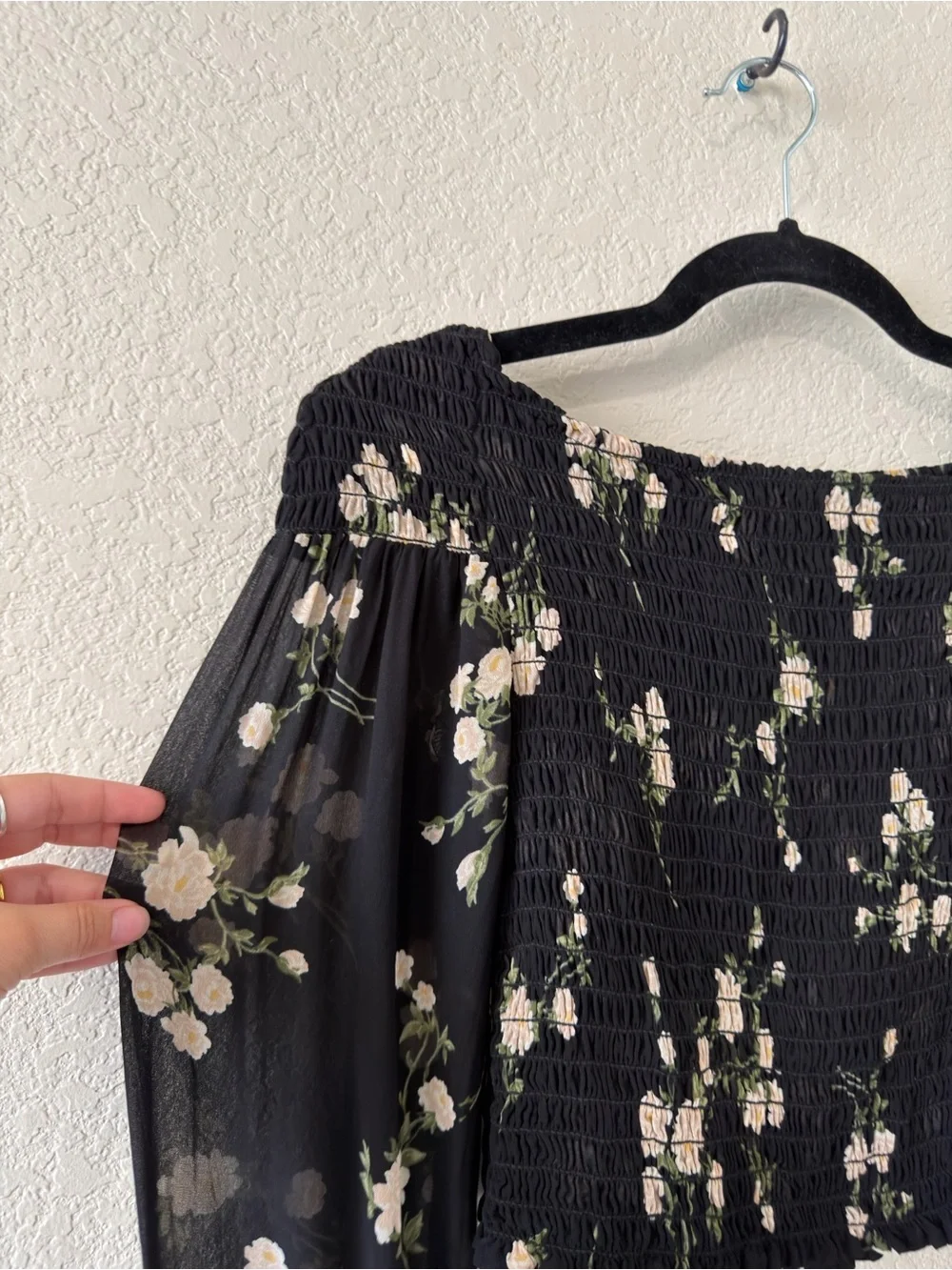 reformation sandy smocked floral long sleeve blouse